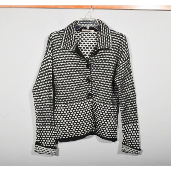 Chiaramente Italy Wool Mohair Blend Black White Collared Cardigan Sweater Sz M - Picture 1 of 3